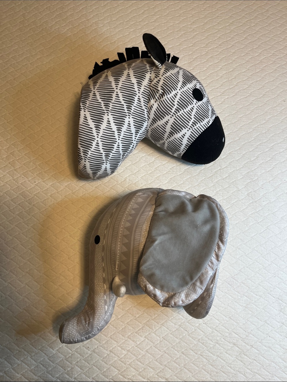 Nojo fabric Zebra and Elephant Plush Heads for Wall, Nursery Decor for Kids